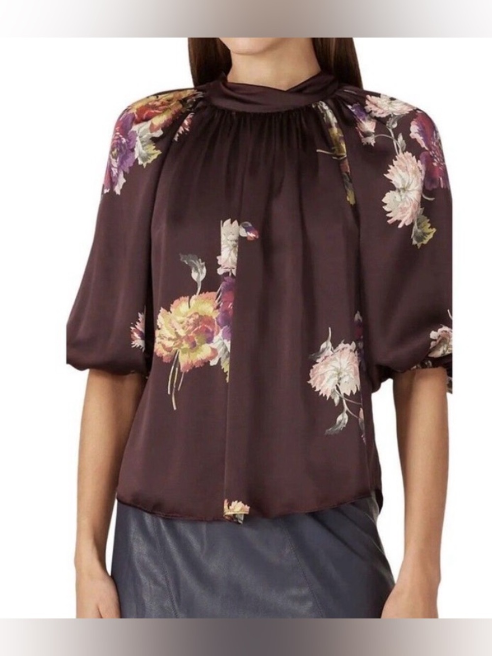 Rebecca Taylor 100% Silk Floral Mock Neck Puff Sleeve Blouse Size 12